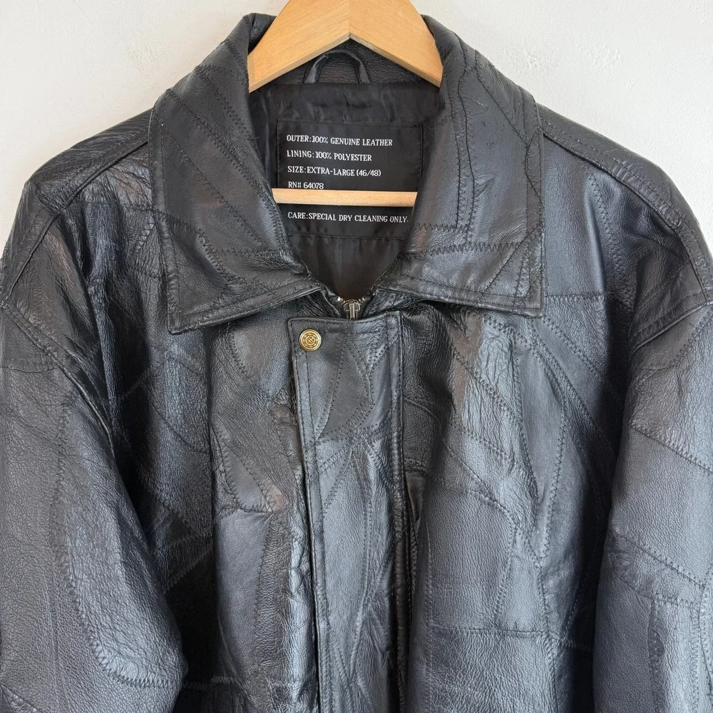 Vintage Genuine Leather Patchwork Bomber Jacket Black Oversized XL 90s Grunge
